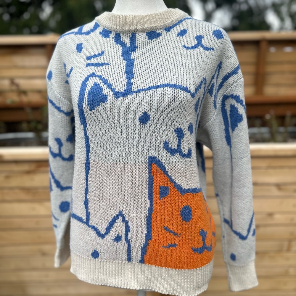 Cozy Cat Patterned Sweater - Blue, Orange, and Gray